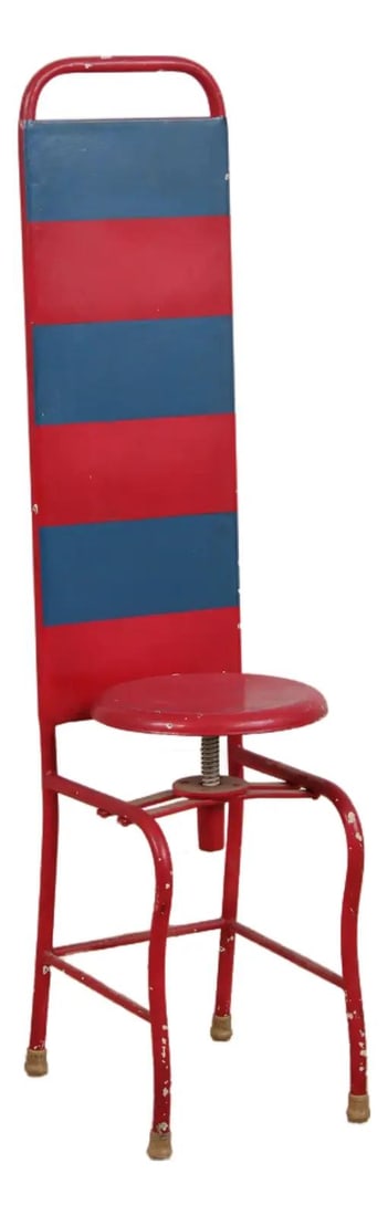 Industrial Metal High Back Swivel Chair Adjustable Red 56h: Industrial Metal High Back Swivel Chair Adjustable Red 56h Industrial metal chair with a high back and adjustable swivel seat. This c.1970s piece features quality construction and a traditional style,