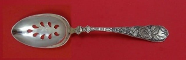Durgin Bouquet Sterling Silver Slotted Serving Spoon 9 Hole 8 5/8 Custom: Durgin Bouquet Sterling Silver Slotted Serving Spoon 9 Hole 8 5/8 Custom A post-1940 sterling silver serving spoon by Durgin in the Bouquet pattern. This custom-made pierced 9-hole slotted spoon measu