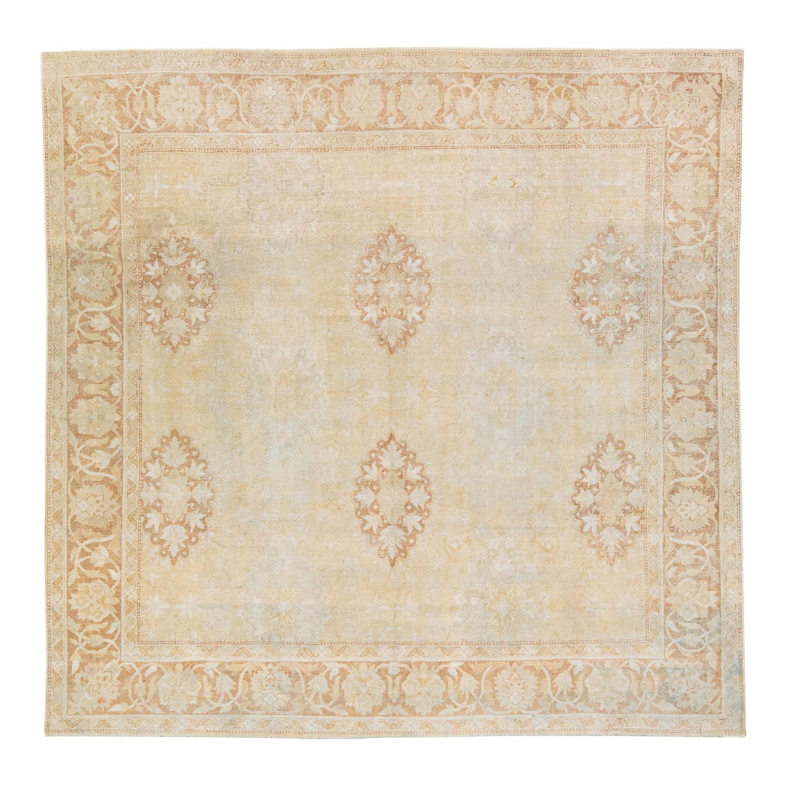 Antique 1920s Indian Agra Handmade Wool Rug 9'7" x 9'9" Beige Floral Design: Antique 1920s Indian Agra Handmade Wool Rug 9'7" x 9'9" Beige Floral Design Discover the charm of this stunning antique Agra rug, handmade in India during the 1920s. This exquisite square rug features