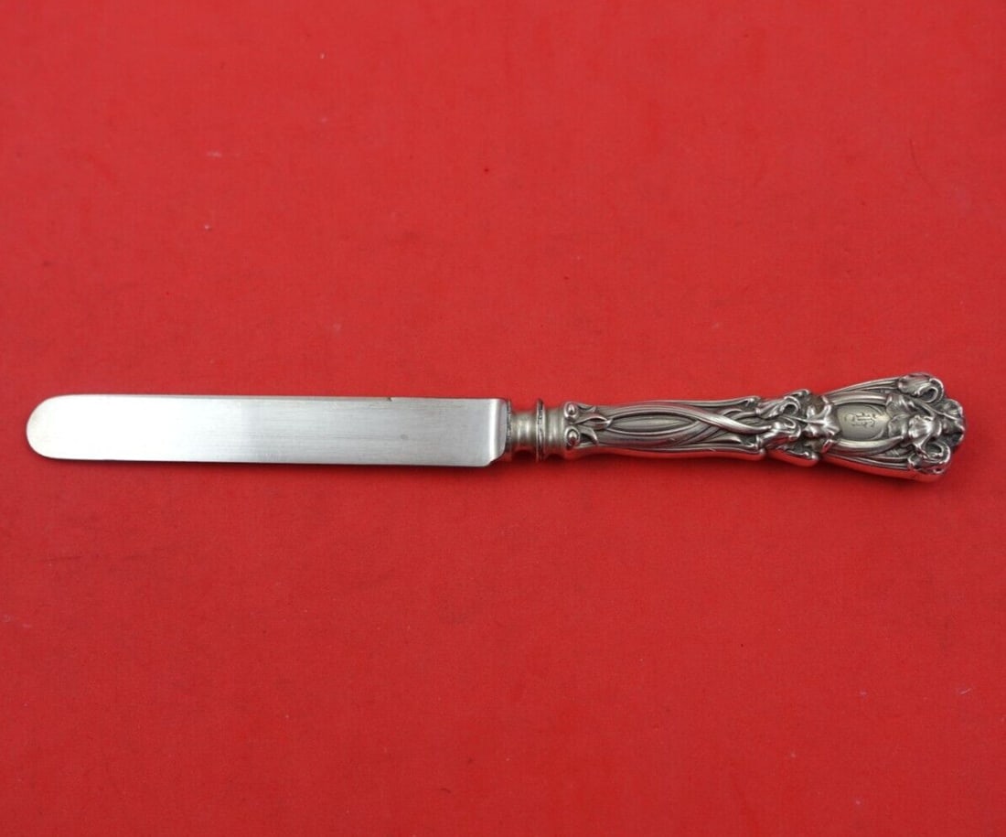 Durgin-Gorham Iris Sterling Silver Tea Knife 7 Inch Blunt Blade: Durgin-Gorham Iris Sterling Silver Tea Knife 7 Inch Blunt Blade This exquisite tea knife features the elegant Iris pattern by Durgin-Gorham, crafted from high-quality sterling silver (.925) with a hol