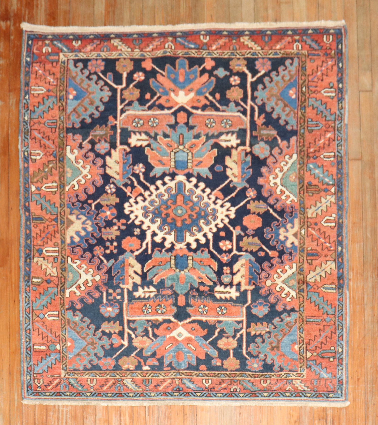 5' x 5' 8" Persian Heriz Karadja Square Rug 1920s Navy: 5' x 5' 8" Persian Heriz Karadja Square Rug 1920s Navy Vintage Persian Heriz Karadja square rug from the 1920s with a navy-based field and intricate geometric patterning. Classified as a Serapi/Heriz 