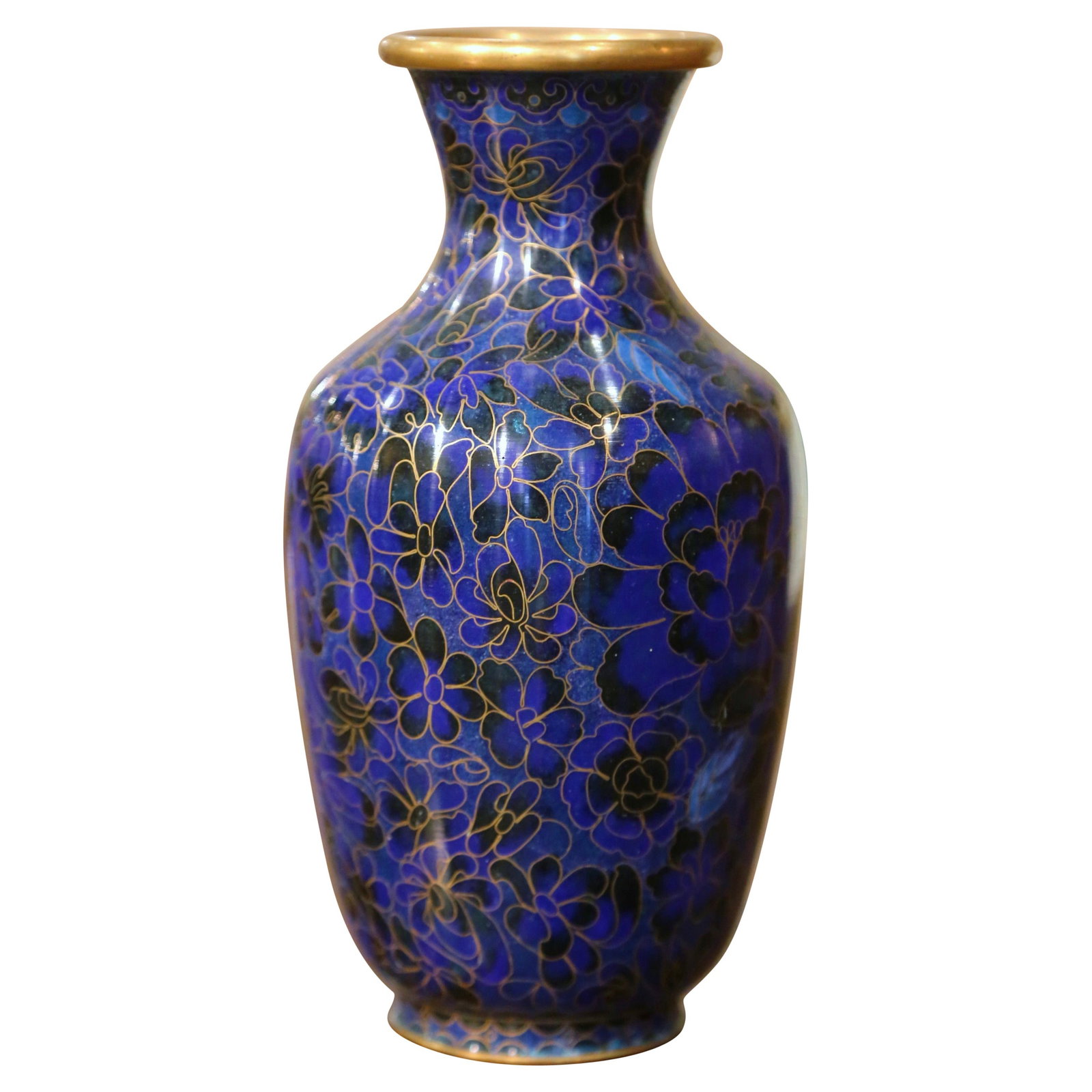 Chinese Cloisonne Champleve Floral Vase Brass Trim 8.25 in: Chinese Cloisonne Champleve Floral Vase Brass Trim 8.25 in This vintage Chinese cloisonne vase features a classic baluster shape, adorned with intricate floral motifs on a deep cobalt blue enamel grou