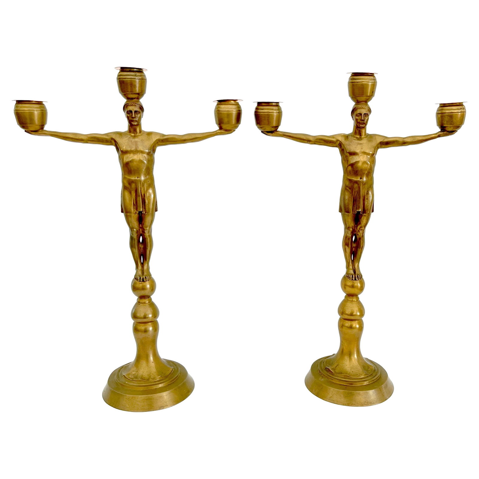 Hans Harry Liebmann Art Deco Bronze Greco-Roman Candelabra Set of 2: Hans Harry Liebmann Art Deco Bronze Greco-Roman Candelabra Set of 2 This exceptional pair of Art Deco Bronze Draped Male Figural Candelabra, crafted by renowned German artist Hans Harry Liebmann (1876