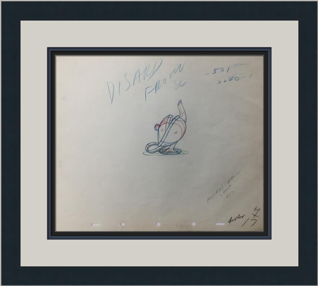 Framed Disney Mickey Mouse Magic Lamp production model sheet drawing: Framed Disney Mickey Mouse Magic Lamp production model sheet drawing This is an original production model sheet drawing from Disney's 1937 animation "Mickey's Magic Lamp." The artwork features Mickey 