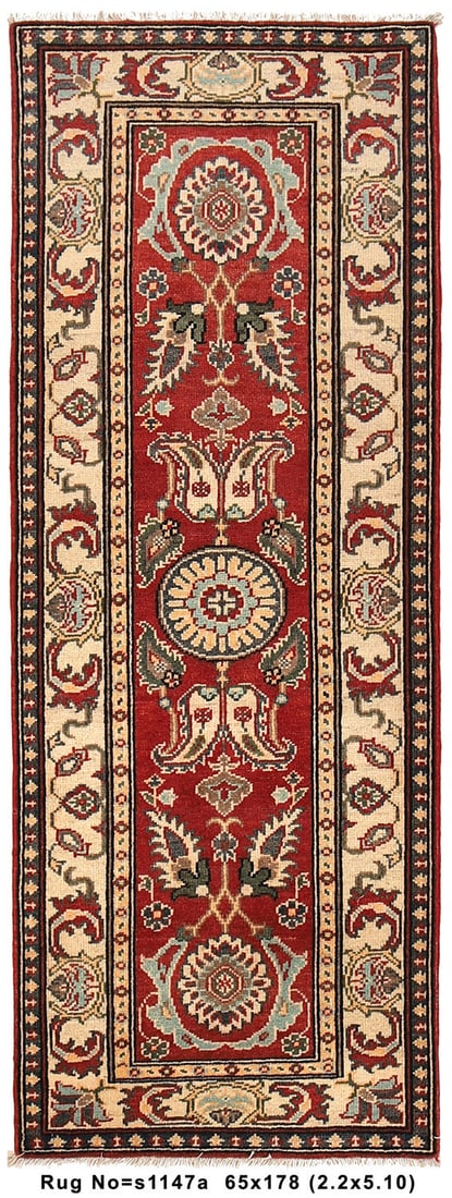 Crimson Medallion Splendor Kazak 2.2 x 5.10 Handmade Runner Rug: Crimson Medallion Splendor Kazak 2.2 x 5.10 Handmade Runner Rug Free continental US Shipping Add a touch of luxury to your home with the Crimson Medallion Splendor Kazak Narrow Handmade Runner Rug. Th