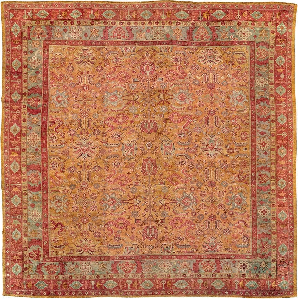 12' x 12' Late 19th Century Turkish Oushak Square Rug: 12' x 12' Late 19th Century Turkish Oushak Square Rug Antique Turkish Oushak square rug in a gold tone, dating to the late 19th century. This room-size rug is offered in pre-owned condition. Specifica