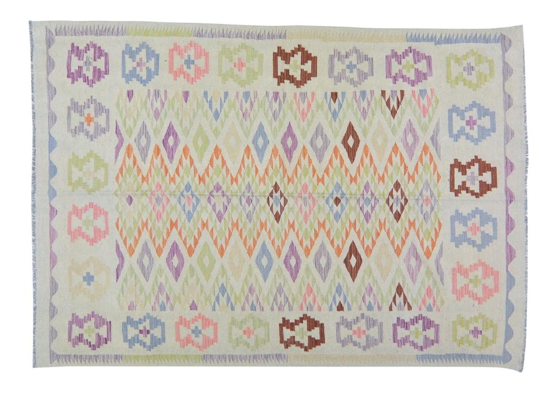 Vintage Maimana Kilim Rug Afghan Tribal Wool Geometric 5'6" x 7'10": Vintage Maimana Kilim Rug Afghan Tribal Wool Geometric 5'6" x 7'10" This vintage Afghan Maimana tribal kilim features a striking geometric pattern, hand woven from organic wool and colored using natur