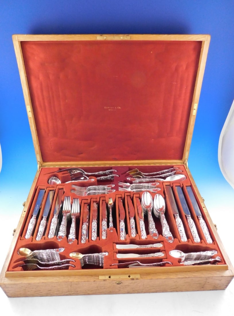 Tiffany Chrysanthemum Sterling Silver 246 Piece Flatware Chest Set: Tiffany Chrysanthemum Sterling Silver 246 Piece Flatware Chest Set This extensive Tiffany & Co. Chrysanthemum sterling silver flatware set features 246 pieces in the renowned Art Nouveau pattern desig