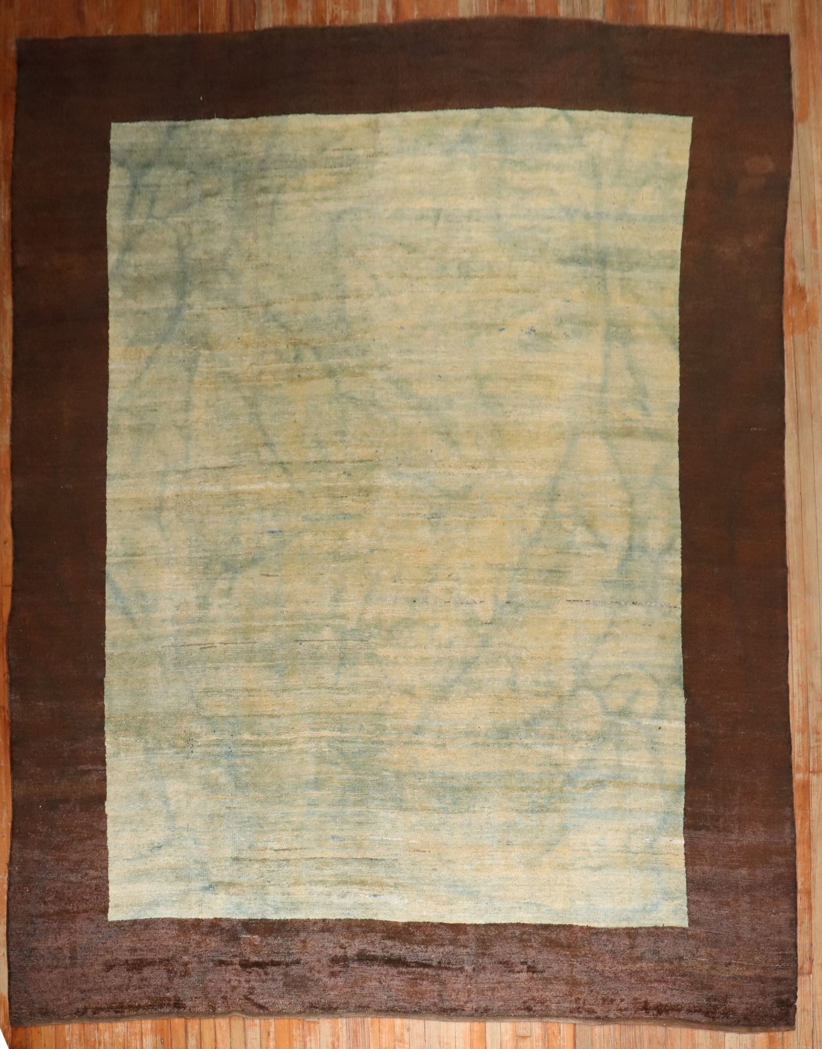 10' 2" x 13' 2" Anatolian Room Rug in Blue Cream and Yellow: 10' 2" x 13' 2" Anatolian Room Rug in Blue Cream and Yellow Vintage mid-20th century Turkish Anatolian room rug featuring a plain shadow life design in blue, cream, and yellow, framed by a dark brown 