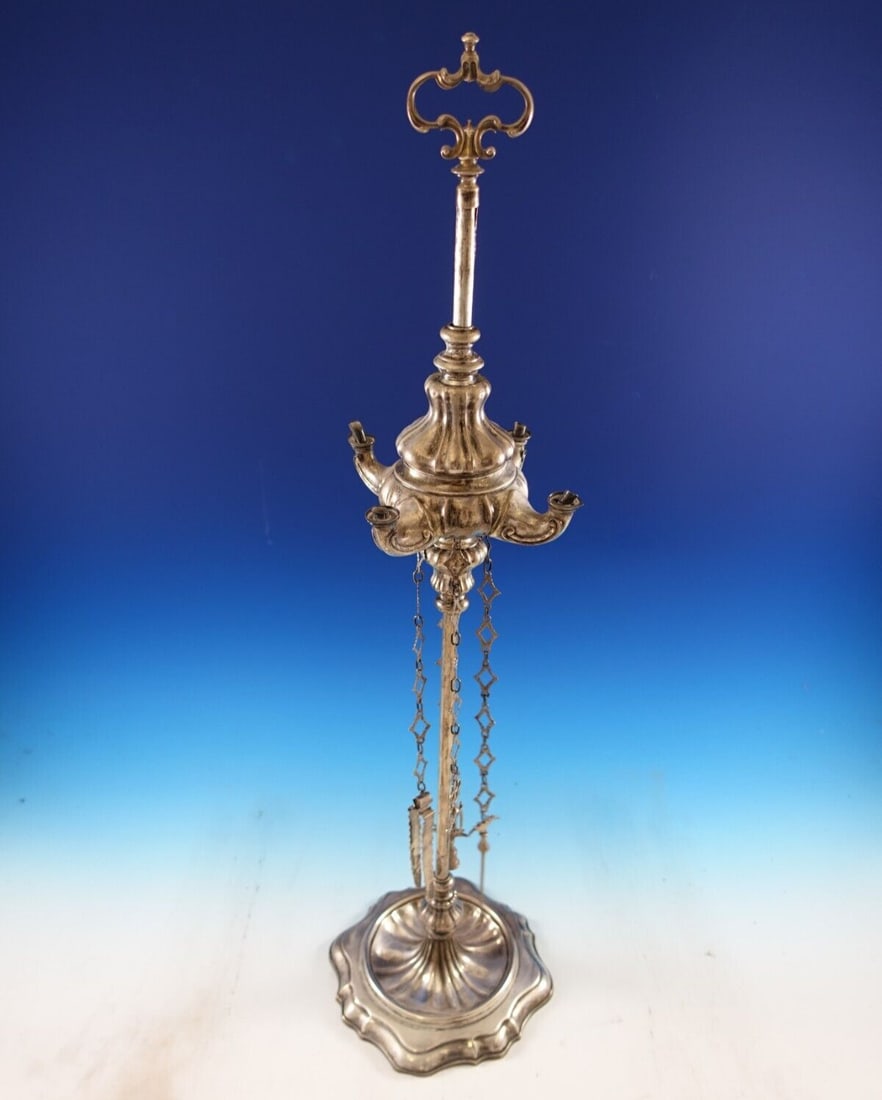 Samuel Buckley Silverplate Hookah Water Pipe with 4 Chains: Samuel Buckley Silverplate Hookah Water Pipe with 4 Chains This exquisite silverplate hookah/water pipe showcases a stunning design, possibly crafted by Samuel Buckley of London and New York. It featu