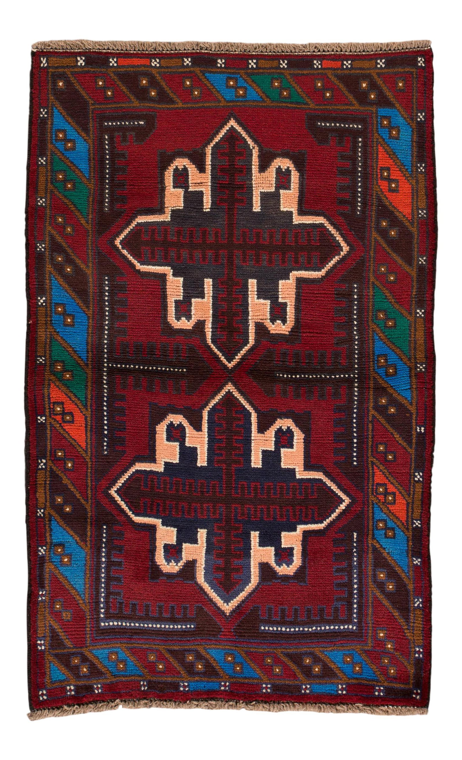 Vintage Persian Balouch Hand-Knotted Wool Rug Red Geometric Design 2'9 x 4'5: Vintage Persian Balouch Hand-Knotted Wool Rug Red Geometric Design 2'9 x 4'5 This exquisite Vintage Persian Balouch rug showcases a hand-knotted design crafted from high-quality wool. The vibrant red 