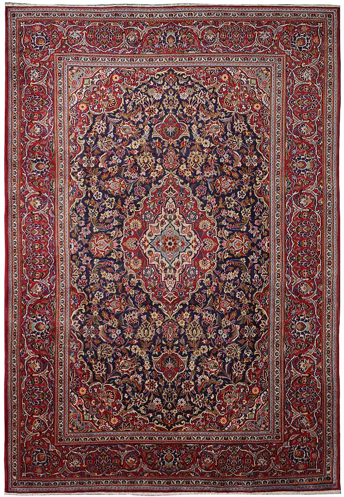 Persian Kashan Rug 93 x 134 in Hand-Knotted Wool Navy Blue Floral Iran 1980s: Persian Kashan Rug 93 x 134 in Hand-Knotted Wool Navy Blue Floral Iran 1980s Free continental US Shipping This authentic Persian Kashan area rug is hand-knotted from high-quality wool, featuring a den