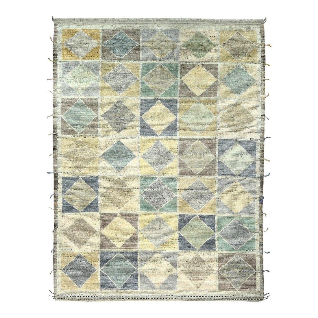 Hand-Knotted Geometric Wool Rug 9'2" x 11'8" in Green Gray Beige: Hand-Knotted Geometric Wool Rug 9'2" x 11'8" in Green Gray Beige Elevate your home decor with this exquisite hand-knotted wool rug, featuring a striking allover geometric pattern in harmonious shades 
