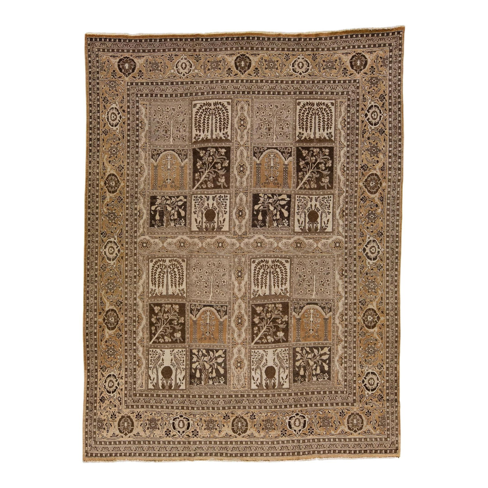 Antique Tabriz Handmade Wool Rug Brown Allover Geometric Design 9'6 x 12'4: Antique Tabriz Handmade Wool Rug Brown Allover Geometric Design 9'6 x 12'4 Discover the beauty of this antique Tabriz hand-knotted wool rug, featuring a rich brown color field adorned with elegant bei
