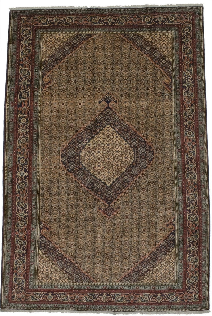 Handmade Wool Geometric Tribal Area Rug 6'4 x 9'8: Handmade Wool Geometric Tribal Area Rug 6'4 x 9'8 This semi-antique handmade Oriental rug features a striking geometric pattern in a blend of light salmon, beige, navy blue, red, light blue, and green