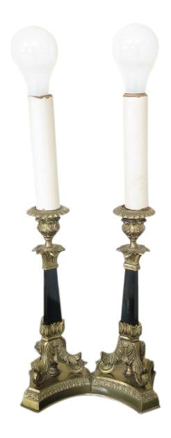 French Louis XIV Style Double Desk Lamp Bronze & Ebony Accents (1 of 7)