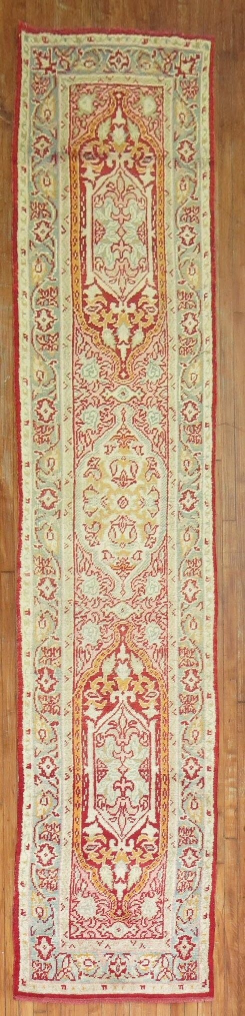 2' 9" x 13' Turkish Oushak Runner Early 20th Century: 2' 9" x 13' Turkish Oushak Runner Early 20th Century Early 20th century Turkish Oushak runner with a long, narrow form and an intricate patterned design. Presented as a pre-owned piece. Specifications