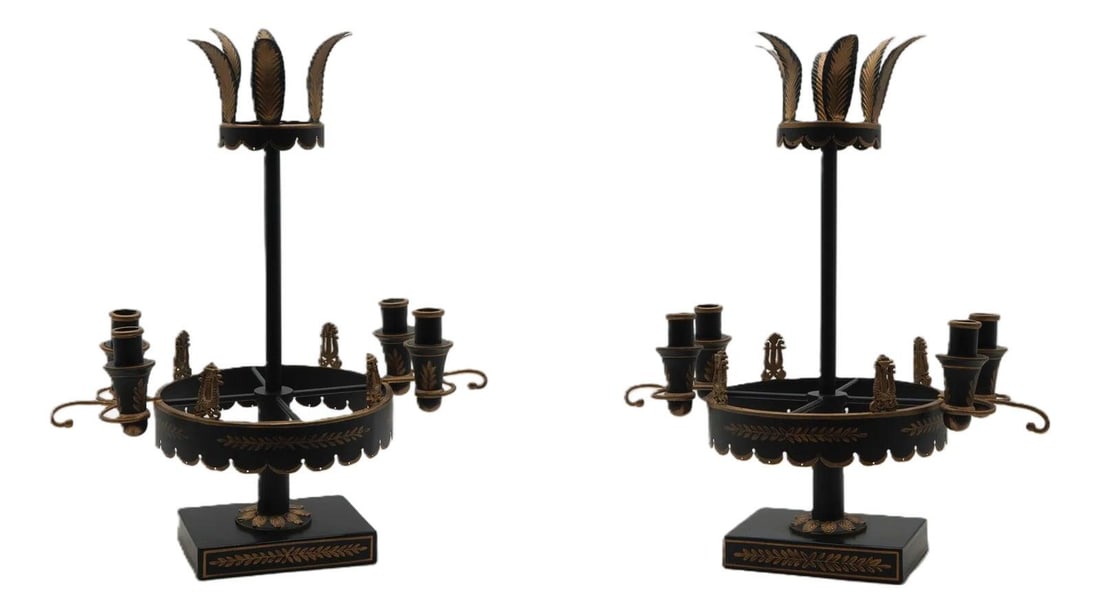 Pair of Neoclassical Black Gold Tole Candelabras 19.5h (1 of 10)