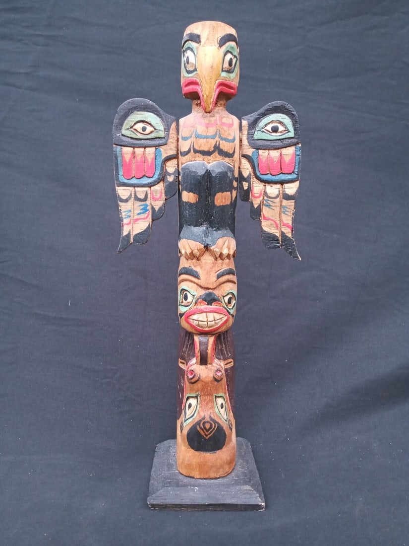 10.5 in Alaskan NW Coast hand carved wood totem Eagle Shaman Wolf (1 of 12)