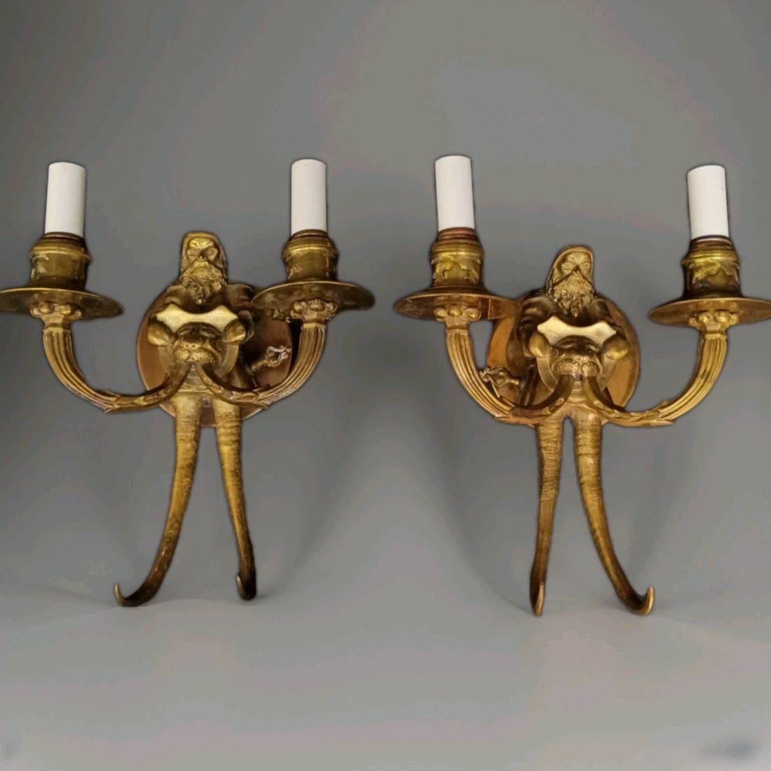 Pair of Antique Bronze Figural Gas Wall Sconces with Walrus Coat Hooks (1 of 18)