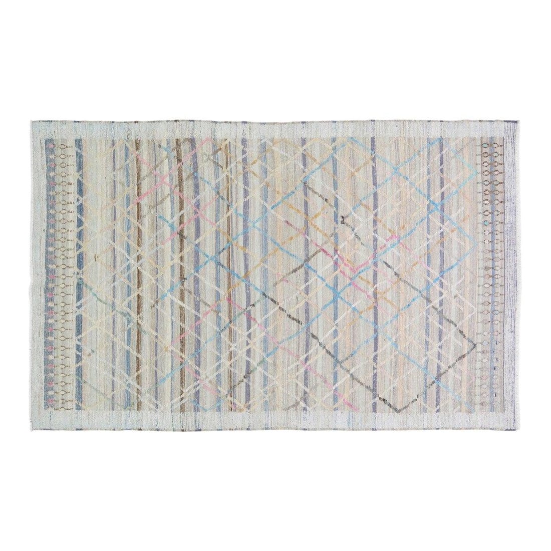 Hand-Knotted Wool Area Rug Moroccan Modern Design 6'5" x 9'9": Hand-Knotted Wool Area Rug Moroccan Modern Design 6'5" x 9'9" This hand-knotted wool rug from the 1950s showcases traditional Moroccan craftsmanship combined with a modern design sensibility. The rug 