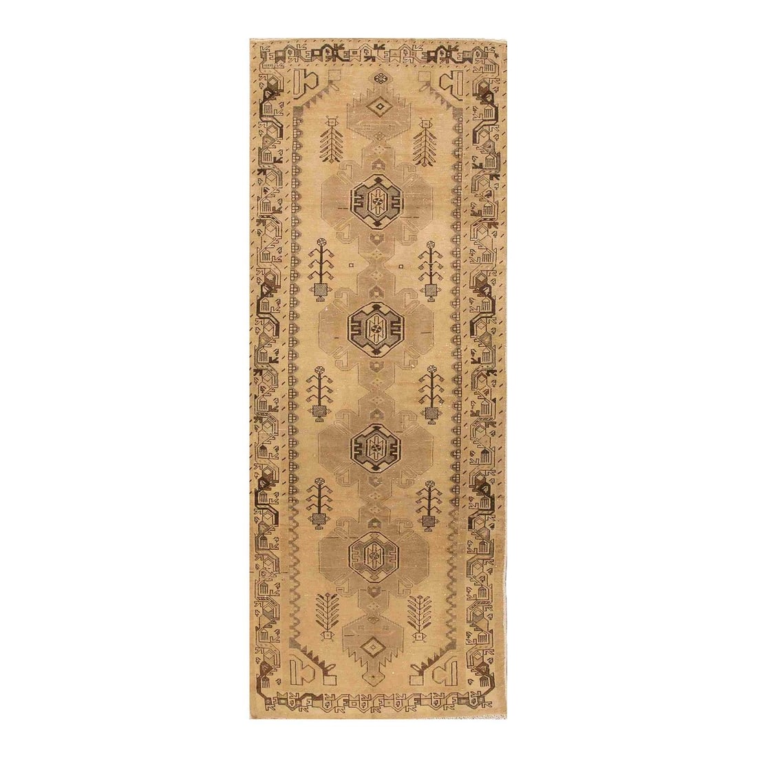 Beige Tribal Design Hamadan Wool Runner 3'4 x 9'4: Beige Tribal Design Hamadan Wool Runner 3'4 x 9'4 Enhance your space with this vintage handmade Hamadan wool runner rug, featuring a beautiful beige field adorned with gray and brown tribal motifs. Me