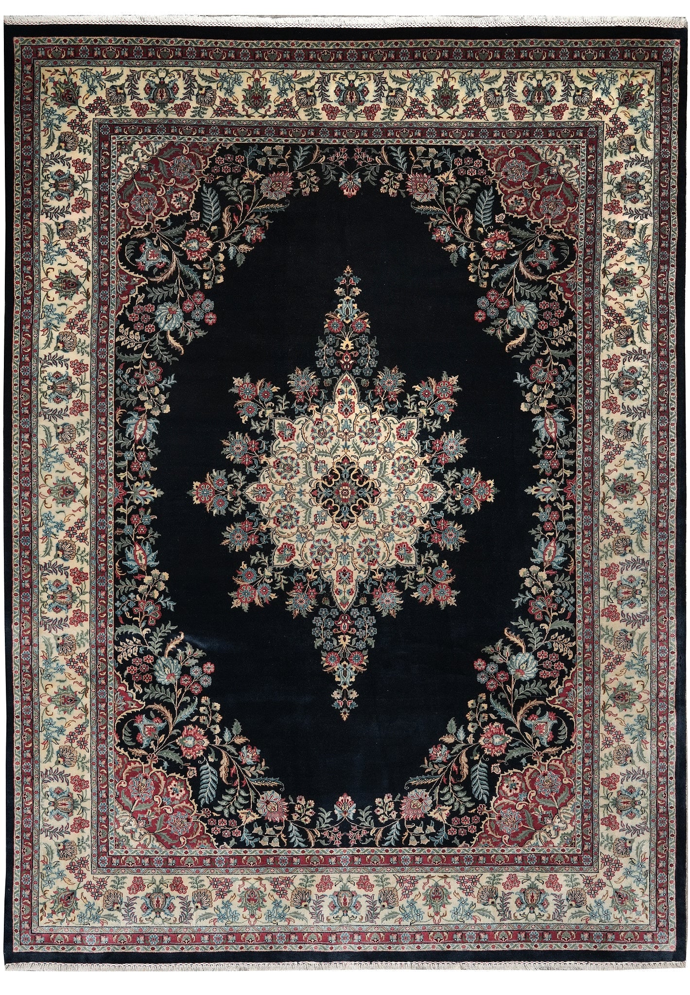 9 x 12 Hand-Knotted Midnight Black Blue Wool Kerman Pattern Rug: 9 x 12 Hand-Knotted Midnight Black Blue Wool Kerman Pattern Rug Free continental US Shipping This 9 x 12 Midnight Black Blue Hand-Knotted Kerman Pattern Rug exemplifies Persian craftsmanship and artis
