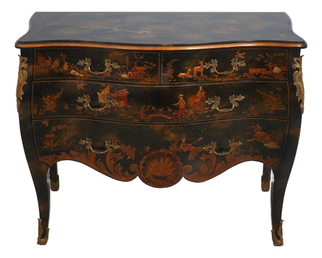 Hand-Painted Chinoiserie Four Drawer Wood Chest with Brass Capped Feet (1 of 10)