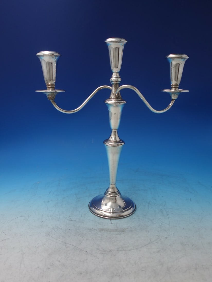 Empire Old French Sterling Silver 3-Light Candelabra Circa 1940: Empire Old French Sterling Silver 3-Light Candelabra Circa 1940 This exquisite three-light candelabra, crafted in sterling silver by Empire, showcases the elegant Old French pattern, dating back to ci