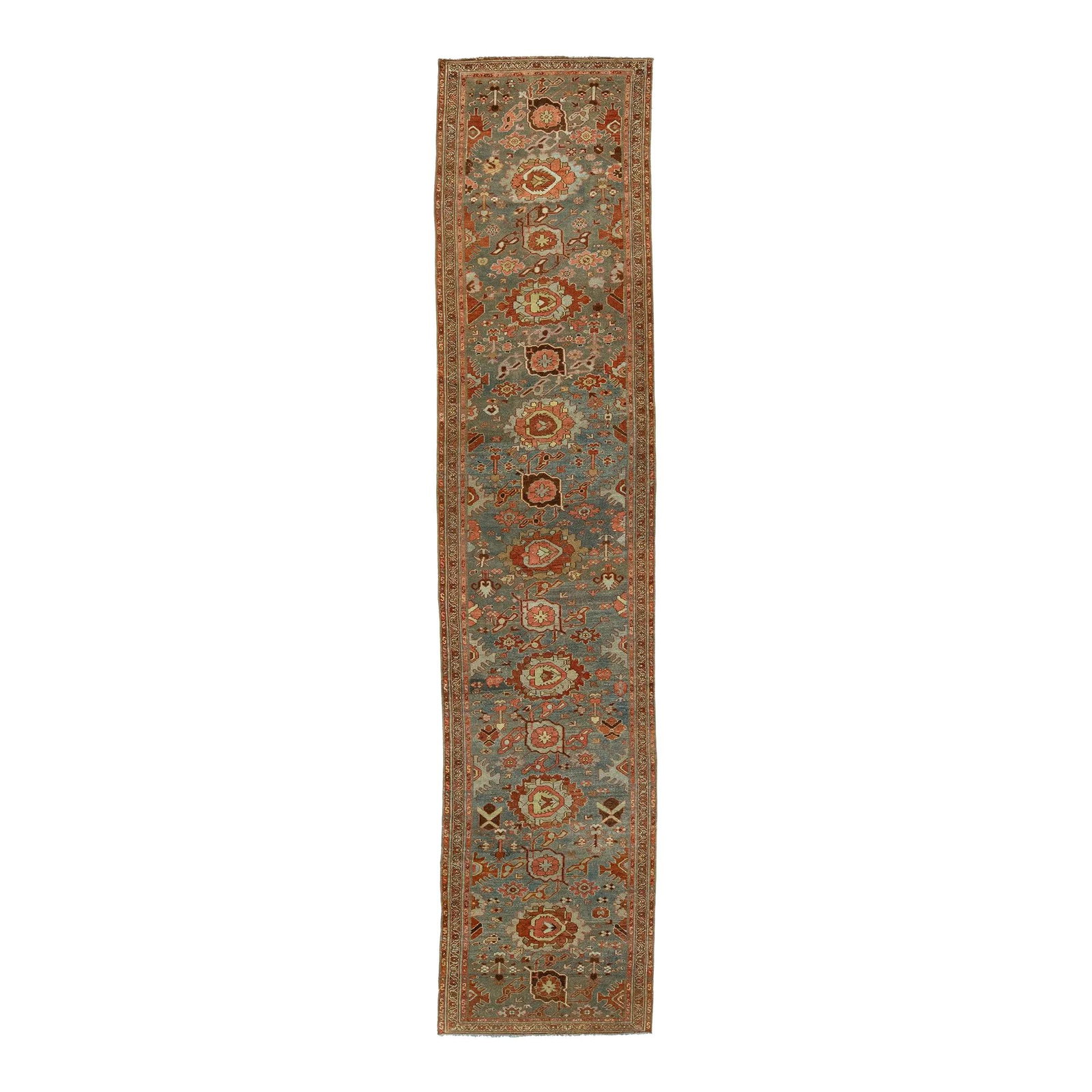 Antique Heriz Wool Runner 3 x 14 Blue Floral Design: Antique Heriz Wool Runner 3 x 14 Blue Floral Design Enhance your space with this exquisite 20th-century Heriz hand-knotted wool runner, showcasing a vibrant blue field and a captivating floral design 