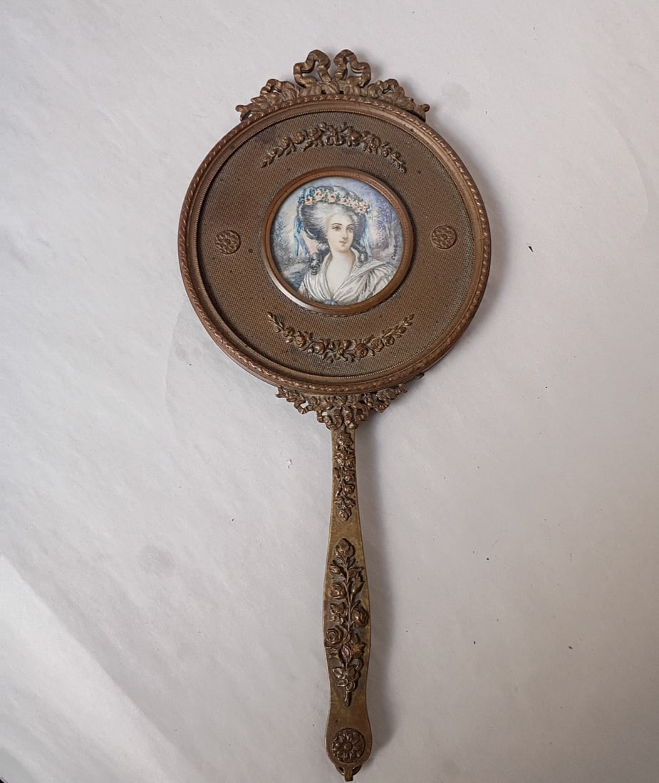 French Louis XVI Bronze Vanity Hand Mirror with Signed Portrait (1 of 11)