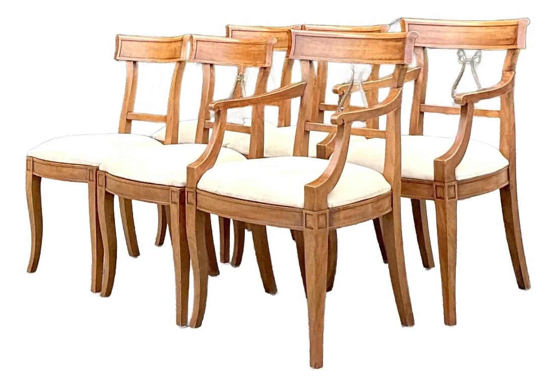 Vintage Henredon Klismos Dining Chairs Set of 6 with Brass Dolphin Motifs: Vintage Henredon Klismos Dining Chairs Set of 6 with Brass Dolphin Motifs Enhance your dining space with this exquisite set of six vintage Henredon dining chairs, seamlessly blending timeless Regency 