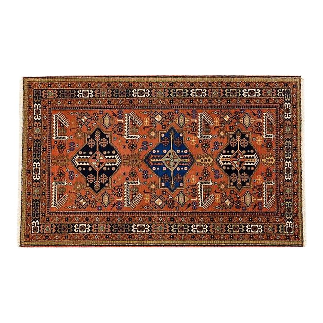 9' X 5'8" Hand Knotted Persian Antique Area Rug: 9' X 5'8" Hand Knotted Persian Antique Area Rug Vintage hand-knotted tribal area rug with a richly patterned salmon field, deep indigo medallions, and intricate geometric motifs throughout. The border