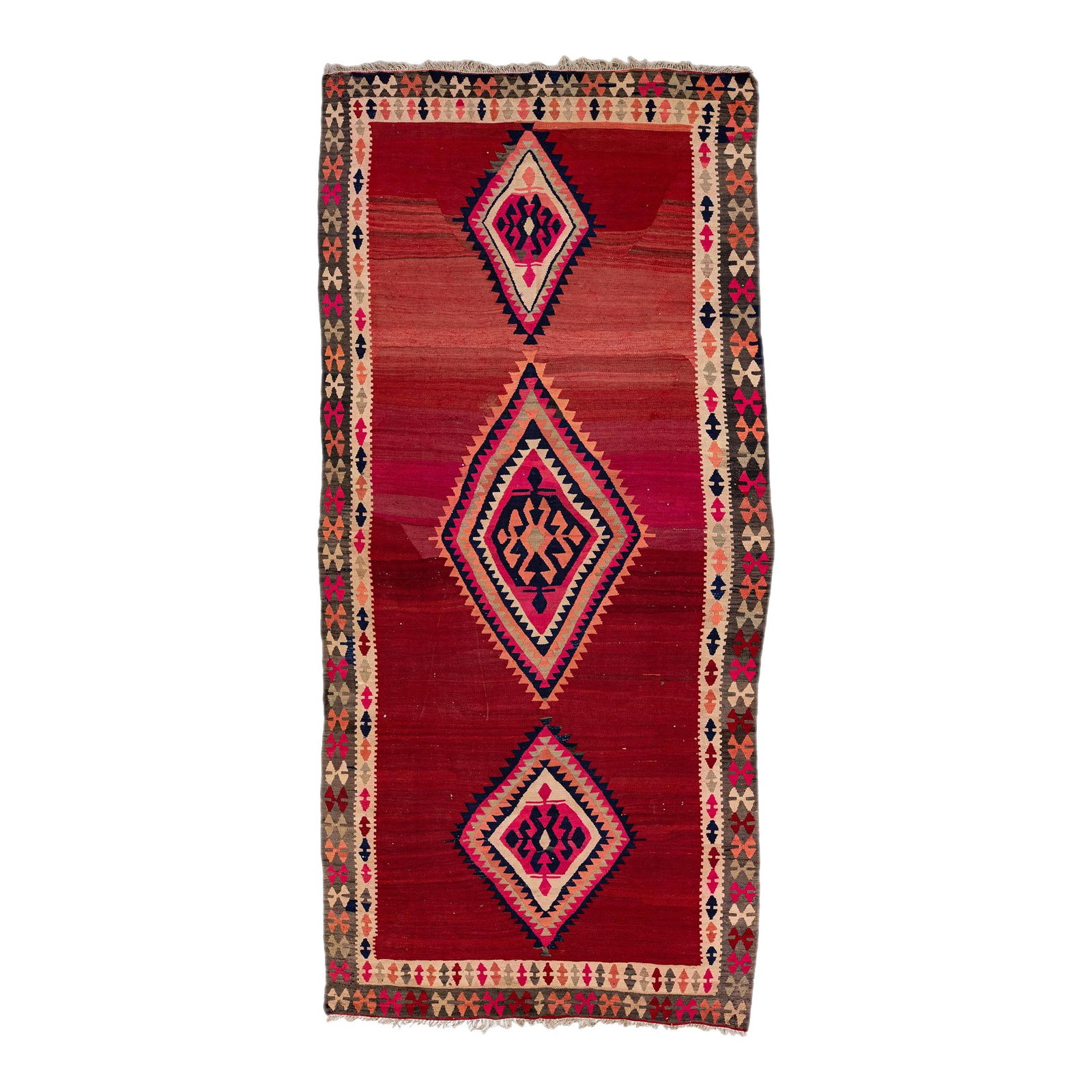 Vintage Turkish Kilim Handmade Wool Rug 6'5" x 13'02": Vintage Turkish Kilim Handmade Wool Rug 6'5" x 13'02" This stunning vintage Turkish Kilim rug features a hand-knotted wool construction, showcasing a vibrant ruby red color with a tan field and a deco