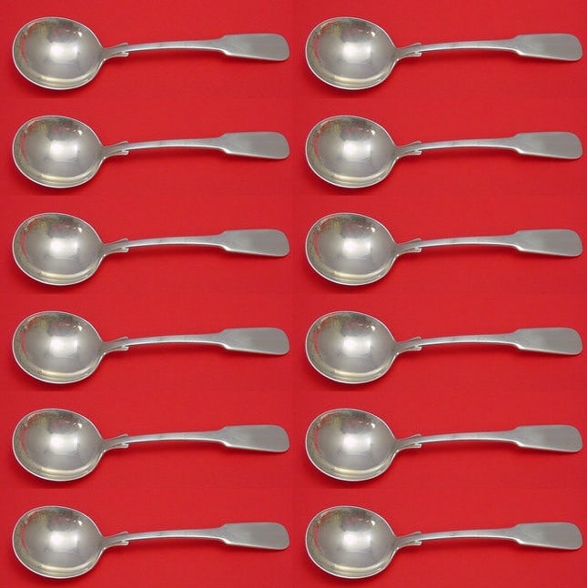 International Sterling Silver Eighteen Ten 1810 Cream Soup Spoon Set 12 pcs: International Sterling Silver Eighteen Ten 1810 Cream Soup Spoon Set 12 pcs This exquisite 12-piece cream soup spoon set features the elegant Eighteen Ten 1810 pattern by International. Crafted from h