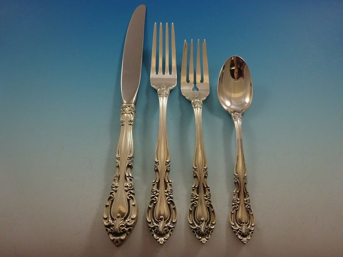 Alvin Vivaldi Sterling Silver 4-Piece Place Setting: Alvin Vivaldi Sterling Silver 4-Piece Place Setting Enhance your dining experience with this elegant Vivaldi pattern 4-piece place setting by Alvin. Crafted from high-quality sterling silver, this set