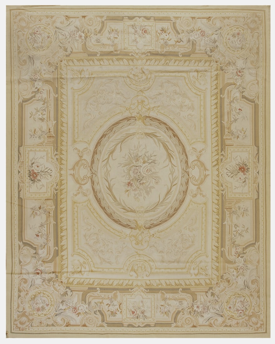 French Aubusson Wool Area Rug 7'8 x 10'2 Beige: French Aubusson Wool Area Rug 7'8 x 10'2 Beige This vintage French Aubusson area rug, handwoven in France circa 1965, features a classic medallion and floral pattern in soft beige tones with accents o