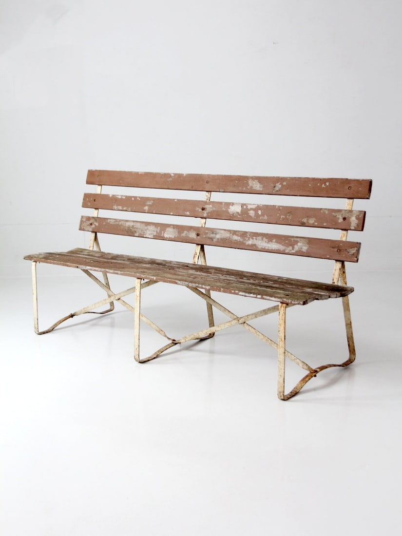 Long Vintage Garden Bench With Wood Slats And Painted Metal Frame (1 of 12)