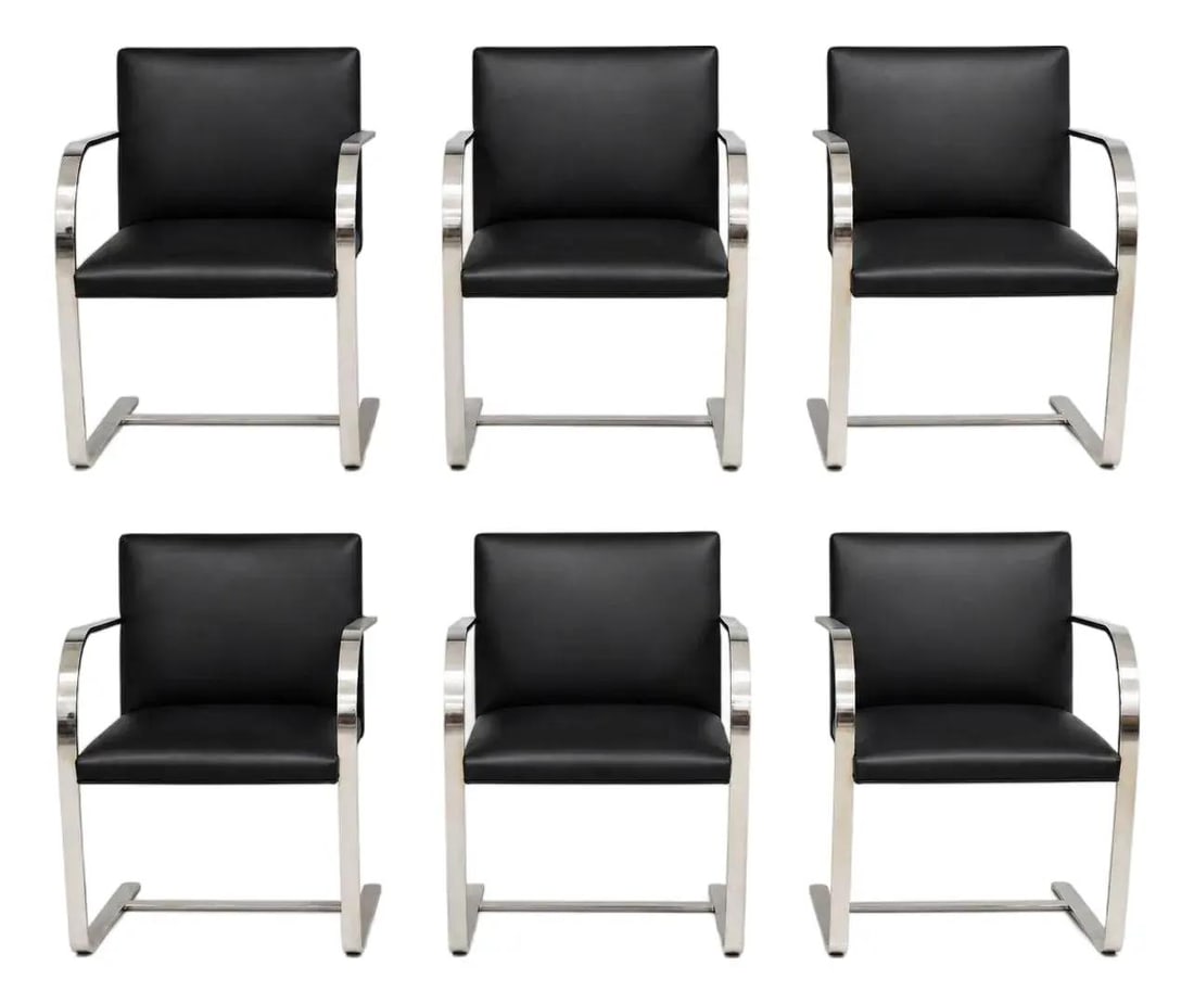 Set of 6 Knoll Brno Dining Chairs Black Leather Chrome Frames (1 of 9)