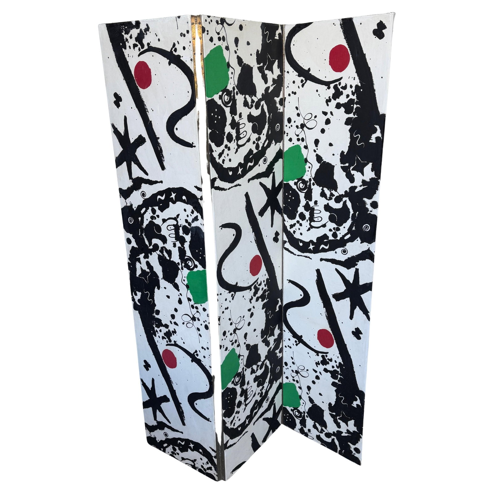Three-Panel Folding Screen with Splotchy Design by Calder for Laverne International: Three-Panel Folding Screen with Splotchy Design by Calder for Laverne International This is a mid-20th century three-panel folding screen featuring Alexander Calder's "Splotchy" design, produced by La