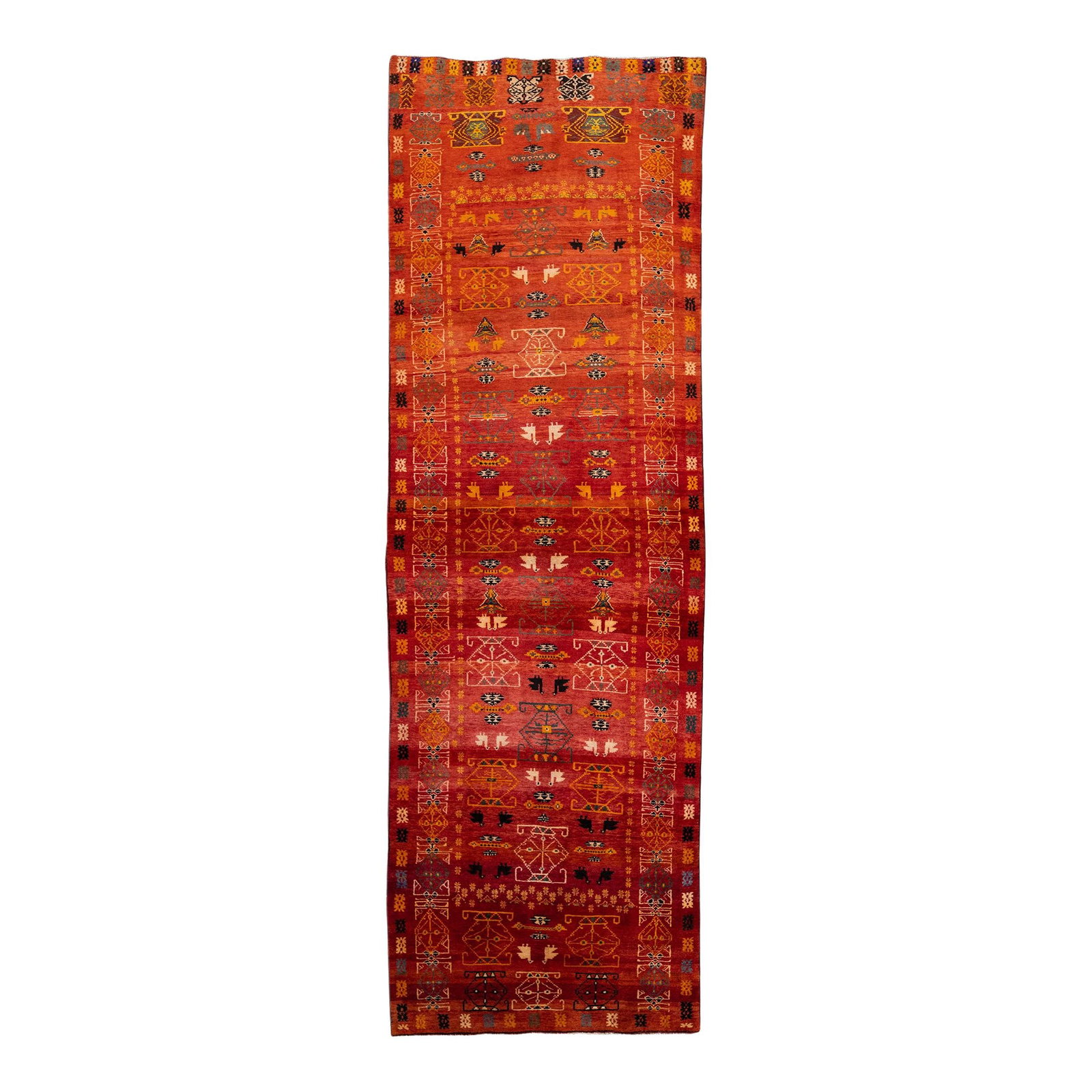 Vintage Persian Heriz Handmade Red Wool Runner 4'1 x 12'5: Vintage Persian Heriz Handmade Red Wool Runner 4'1 x 12'5 This exquisite vintage Persian Heriz runner features a stunning hand-knotted wool construction, showcasing a vibrant red color field adorned w
