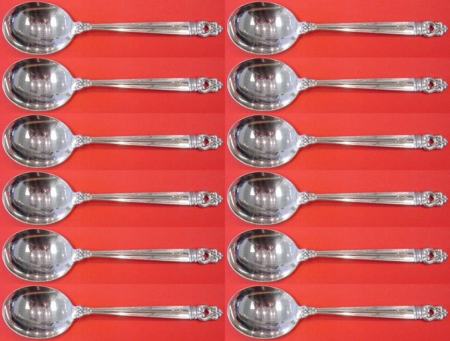 12 Royal Danish International Sterling Silver Cream Soup Spoons 6 1/2": 12 Royal Danish International Sterling Silver Cream Soup Spoons 6 1/2" This is a 12-piece cream soup spoon set in the Royal Danish pattern by International. The spoons are composed of sterling silver,