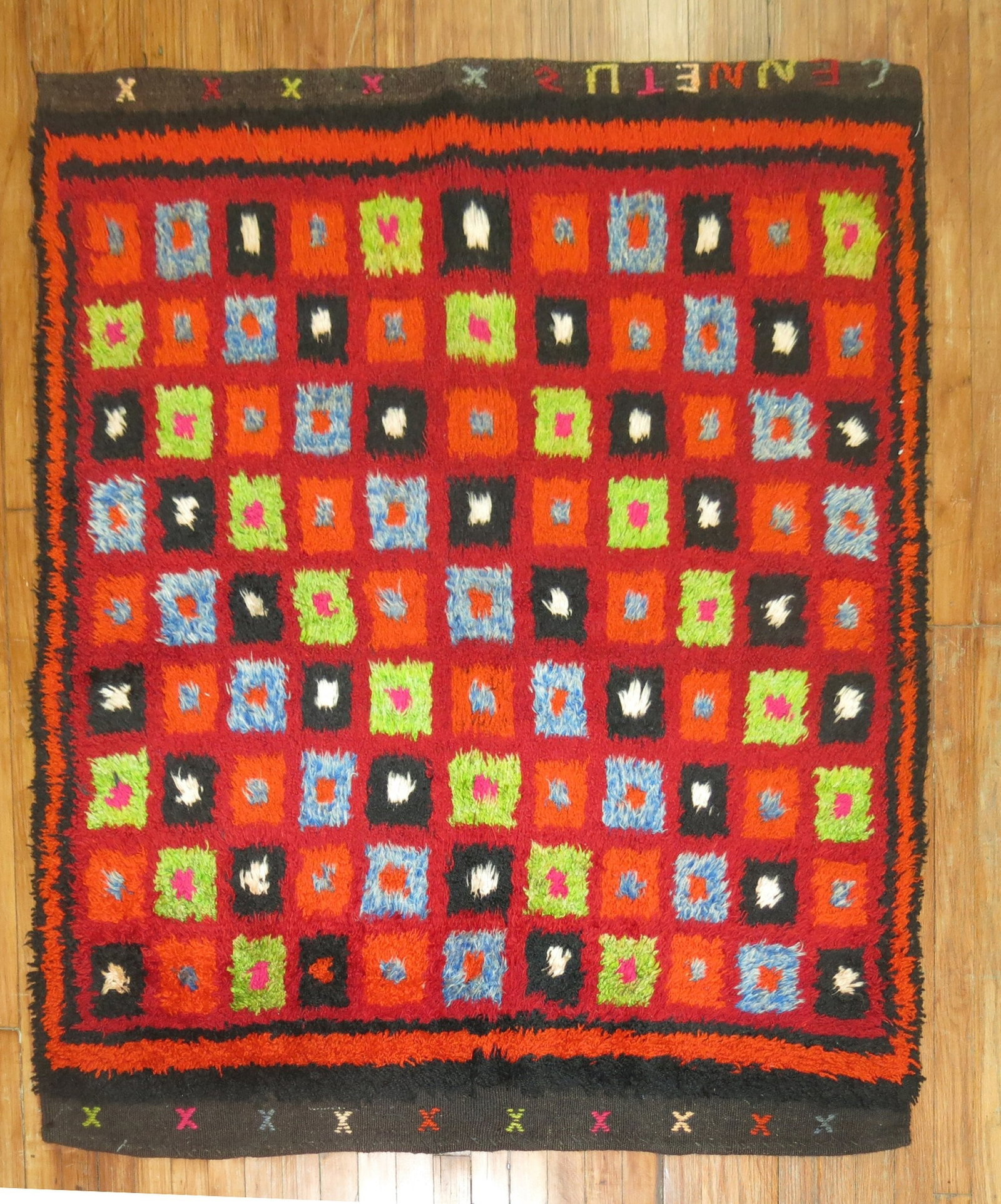 4' x 4' 11" Turkish Tulu Inspired Square Rug: 4' x 4' 11" Turkish Tulu Inspired Square Rug Vintage-inspired Turkish Tulu rug from the mid-20th century. This pre-owned small rug features a colorful geometric design and is categorized as a square T