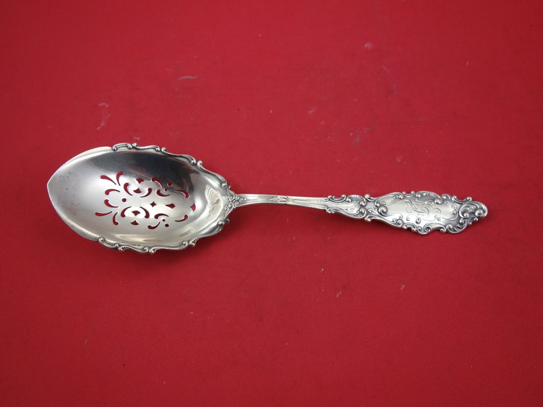 Gorham Luxembourg Sterling Silver Ice Spoon 8.5" Monogrammed EF: Gorham Luxembourg Sterling Silver Ice Spoon 8.5" Monogrammed EF Introducing the Luxembourg Ice Spoon by Gorham, a stunning serving spoon crafted from sterling silver. This piece features a pointed des