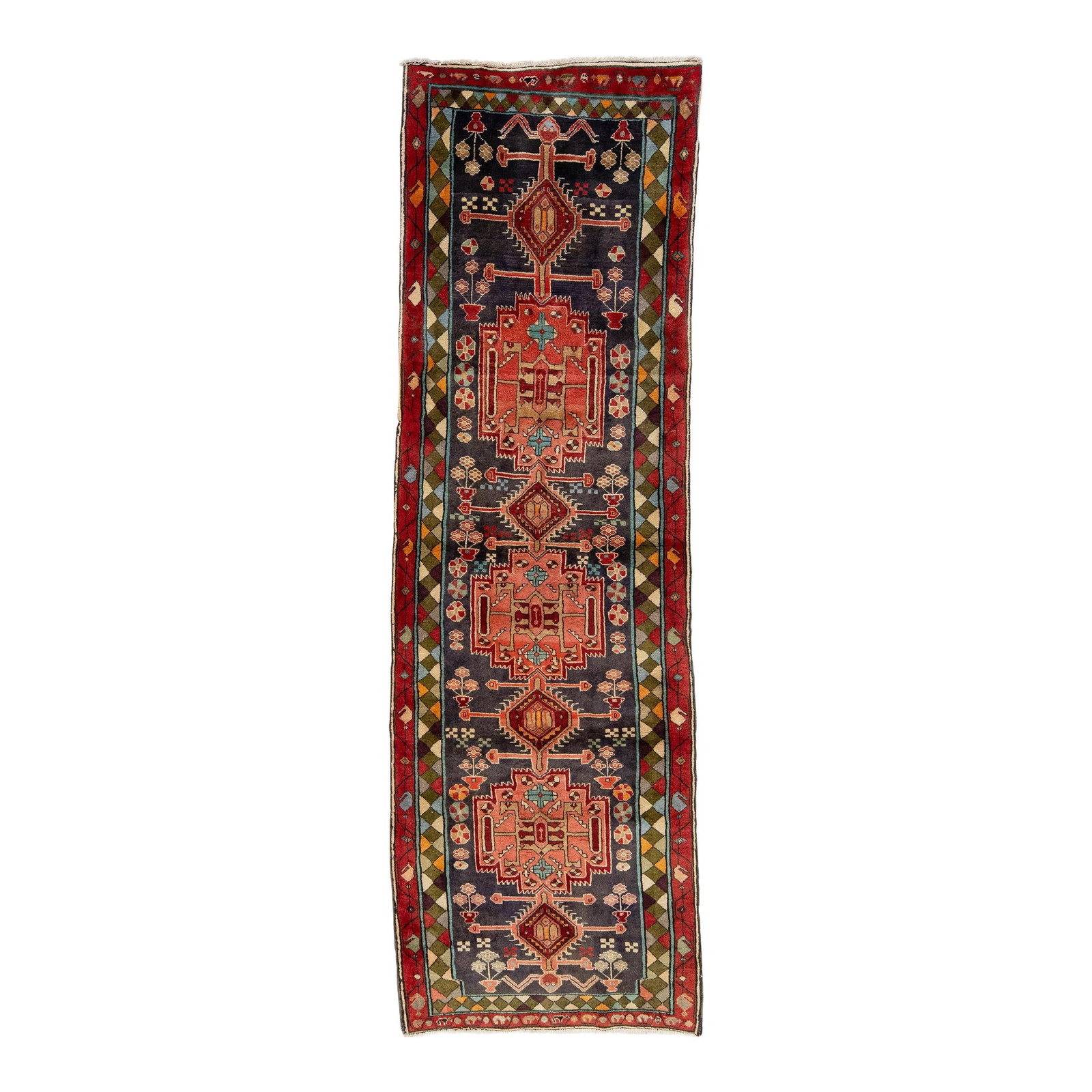 1960s Persian Heriz Wool Rug Blue Rust Geometric 2'10 x 9'4: 1960s Persian Heriz Wool Rug Blue Rust Geometric 2'10 x 9'4 This exquisite Vintage Persian Heriz wool rug showcases a captivating blue and rust field adorned with a vibrant multicolor geometric design