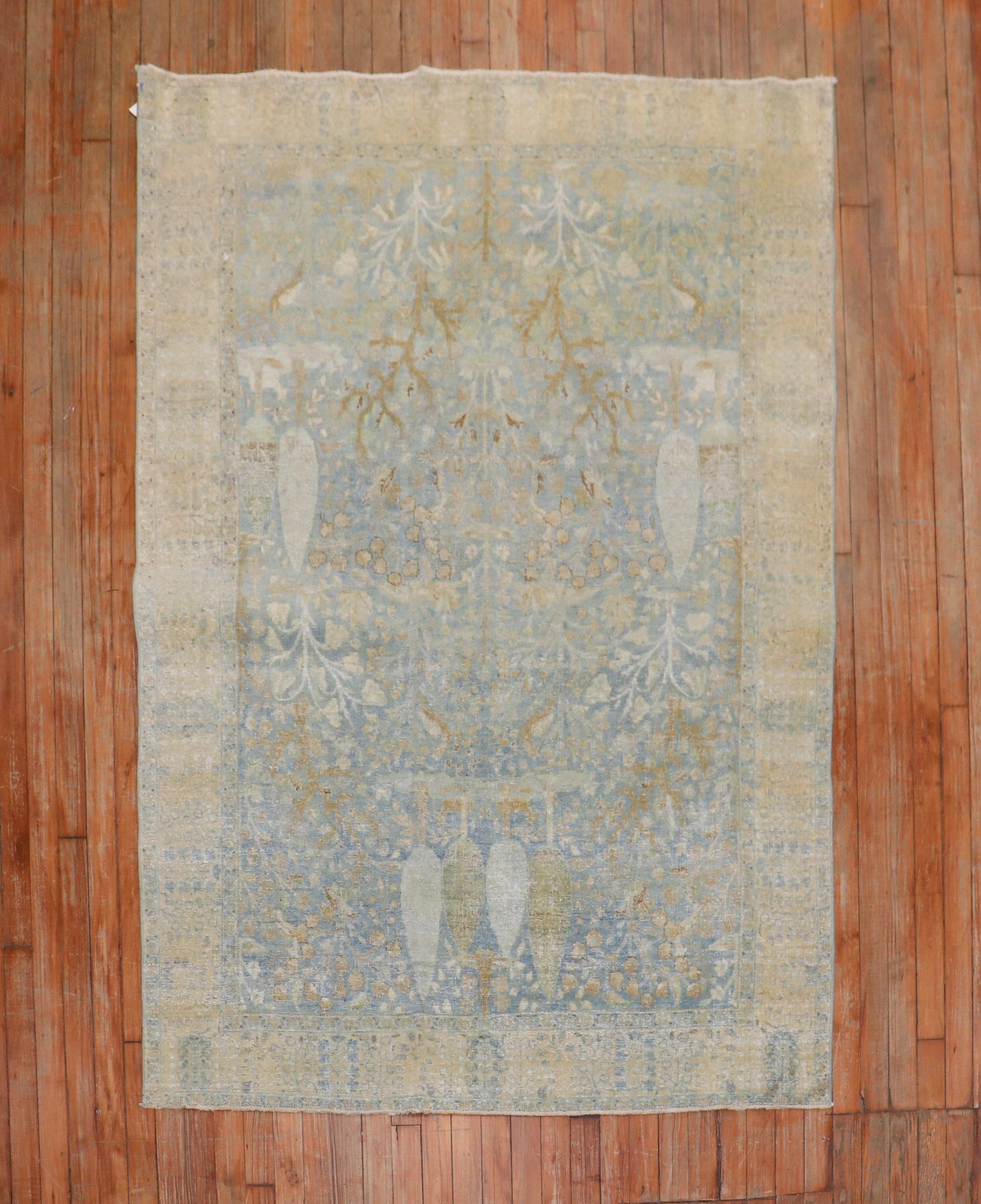 4' 6" x 6' 3" Persian Tabriz Pictorial Accent Rug: 4' 6" x 6' 3" Persian Tabriz Pictorial Accent Rug Late 19th century Persian pictorial Tabriz rug in a light blue colorway. This pre-owned accent rug features the pictorial Tabriz design noted in the o