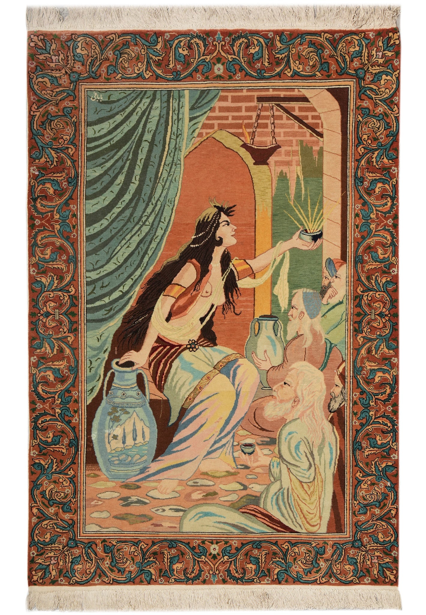 3.4 x 5.3 Authentic Iran Pictorial Persian Rug Wool Silk 400 KPSI: 3.4 x 5.3 Authentic Iran Pictorial Persian Rug Wool Silk 400 KPSI Free continental US Shipping Authentic Persian pictorial rug from Iran featuring a finely detailed ceremonial interior scene with a ce