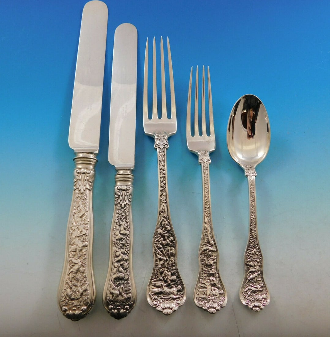 Tiffany Olympian Sterling Silver 40 Piece Flatware Service for 8: Tiffany Olympian Sterling Silver 40 Piece Flatware Service for 8 This Olympian pattern flatware set by Tiffany & Co. is crafted from sterling silver and features an elaborate design inspired by classi