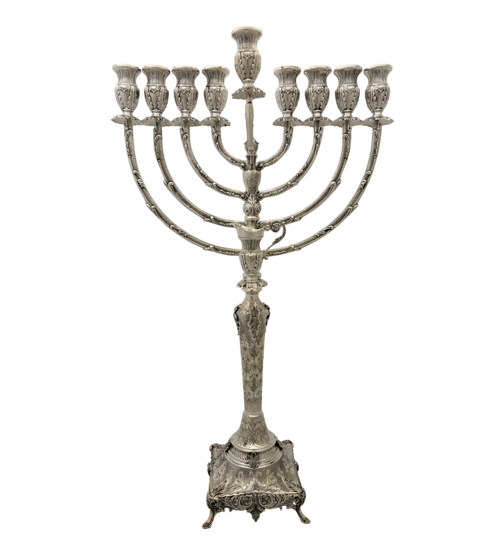 Handmade 925 Sterling Silver Chanukah Menorah Leaf Applique: Handmade 925 Sterling Silver Chanukah Menorah Leaf Applique This fine Chanukah Menorah is crafted from 925 sterling silver and handmade in Turkey. It features an ornate design with chased swirl patter