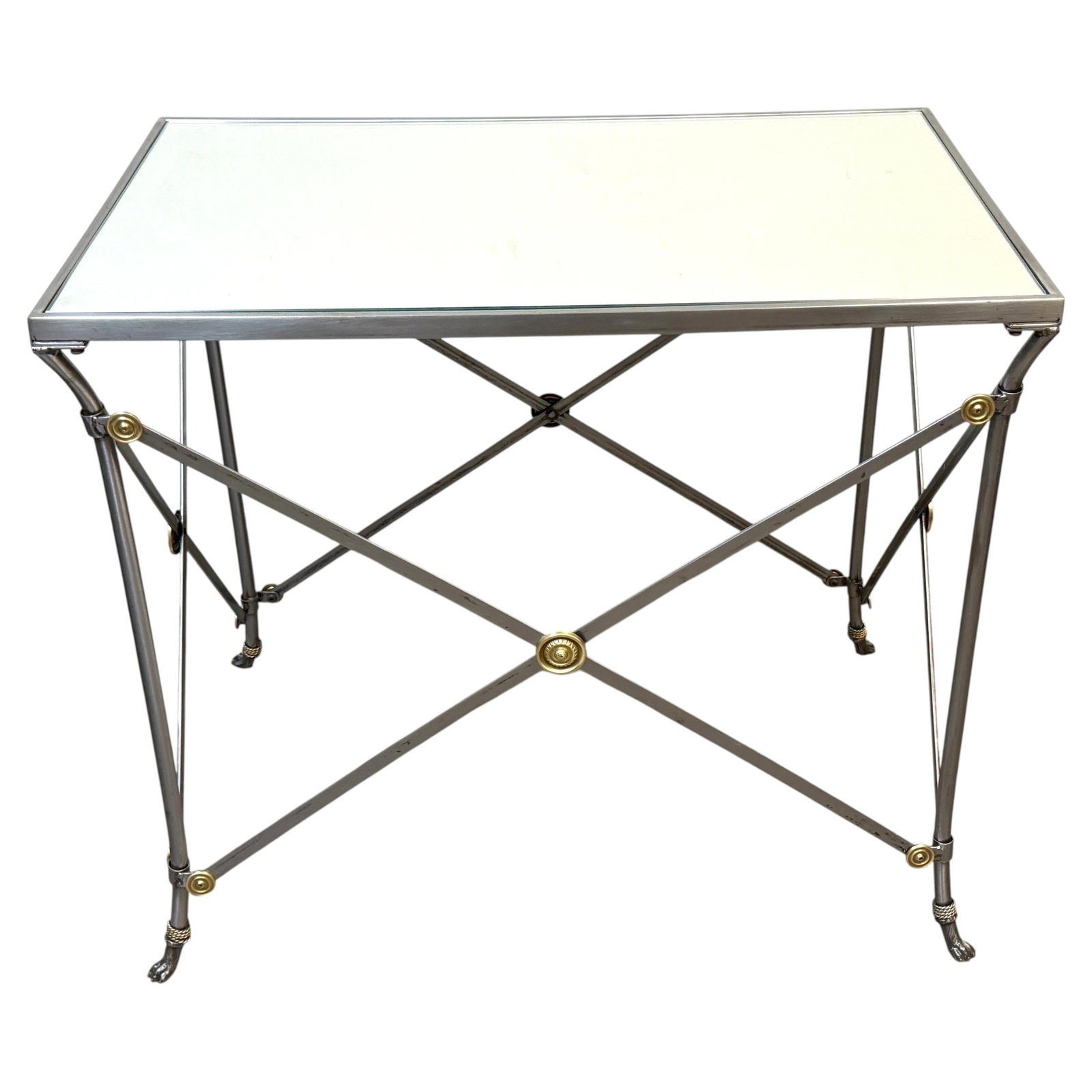 French Neoclassical Mirrored Side Table in Maison Jansen Style Brass Steel (1 of 13)